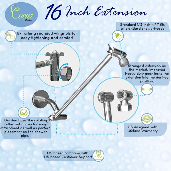 Shower Arm Extender Coeur Designs Chrome 16 Inch-3
