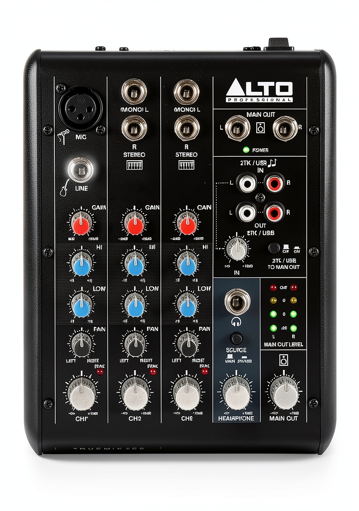 Installing Truemix 500 5 Channel Audio Mixer for Live Performances on a wooden desk