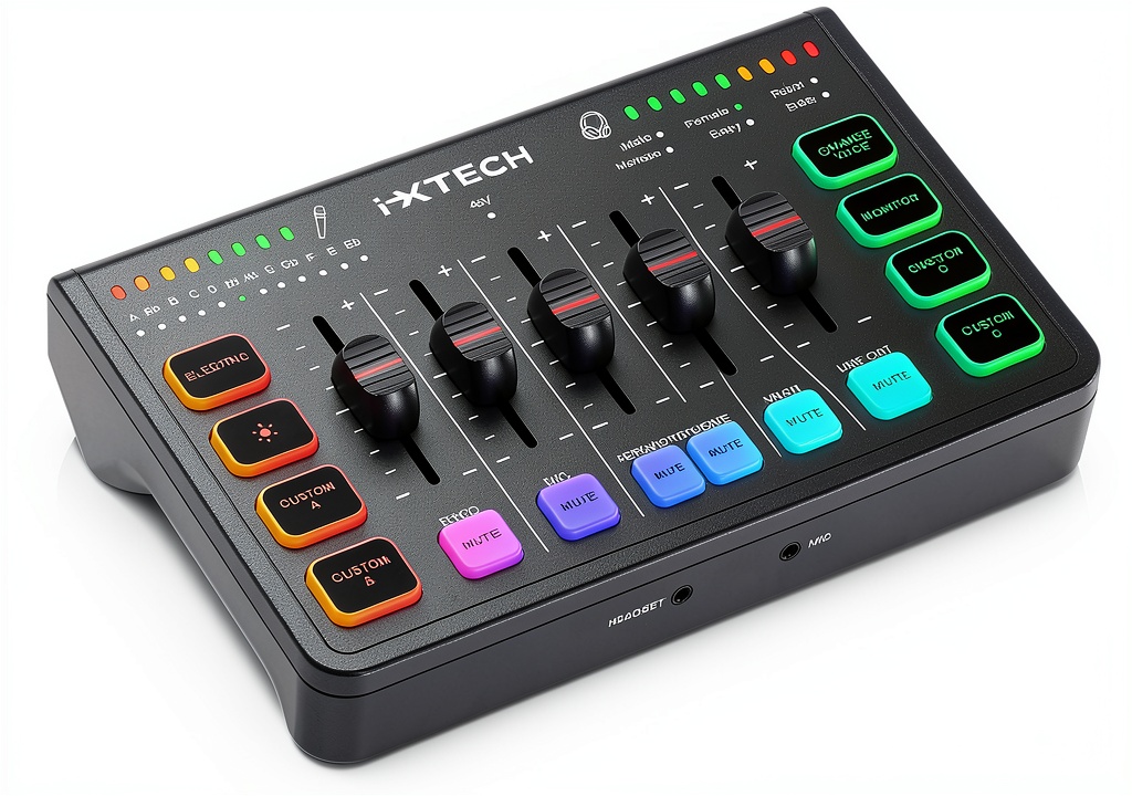 Installing IX-MI Gaming Audio Mixer Black USB with RGB on a wooden desk