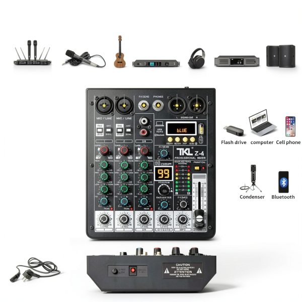 Z4 DJ Mixer 4-Channel Audio Mixer with 48V Phantom Power and Bluetooth-5