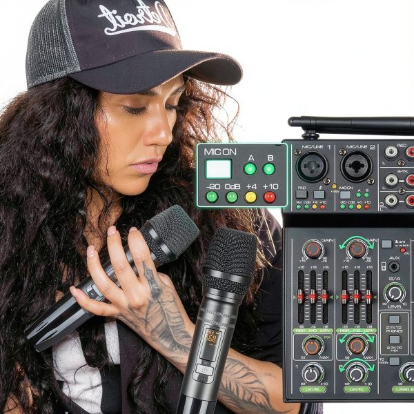 R4 PRO 4-Channel Audio Mixer with Dual Wireless Mics and Bluetooth-3