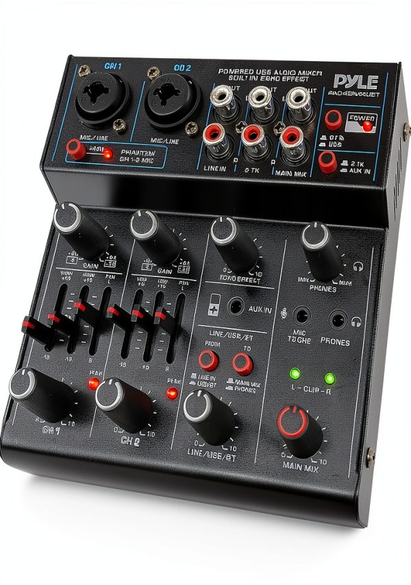 Wireless DJ Mixer Pyle 4‑Channel Audio Interface with Bluetooth USB-0