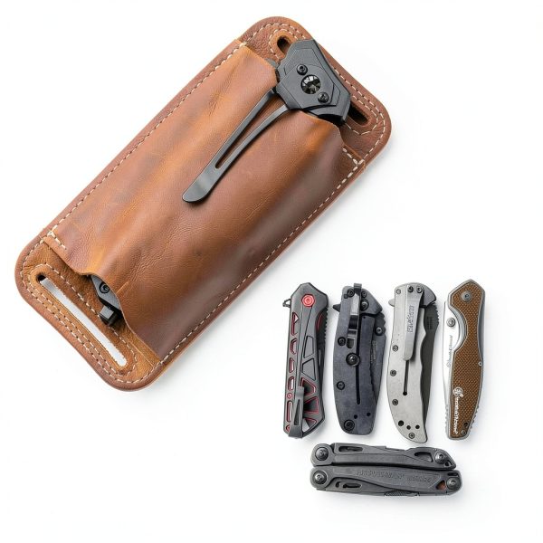 Horizontal Carry Knife, Leather Belt Knife Sheath for Everyday Carry, Knife Belt Holder Accessories, Knife Holster for Leatherman, EDC Belt Pouch for Pocket Folding Knives-4